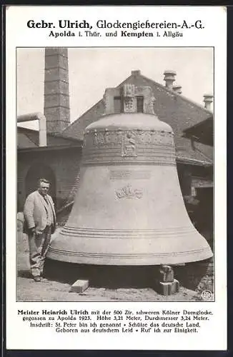 AK Apolda i. Thür., Glockengiesserei Gebr. Ulrich, Meister Heinrich Ulrich neben der Kölner Domglocke