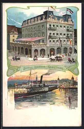 Lithographie Konstanz, Hotel Krone, Dampfer im Hafen