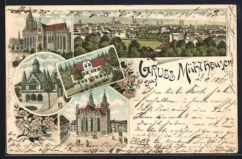 Lithographie Mühlhausen / Th., Weisses Haus, Obermarktskirche