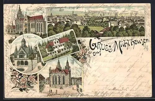 Lithographie Mühlhausen / Th., Weisses Haus, Untermarktskirche, Popperode