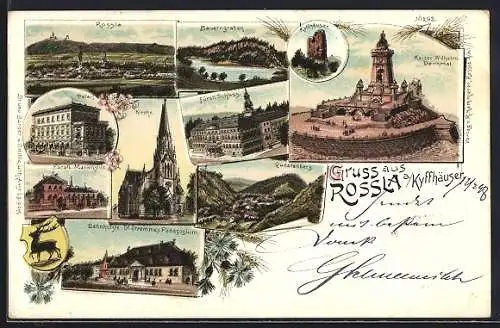 Lithographie Rossla am Kyffhäuser, Blick zum Ort, Fürstliches Marienstift, Wappen, Palais