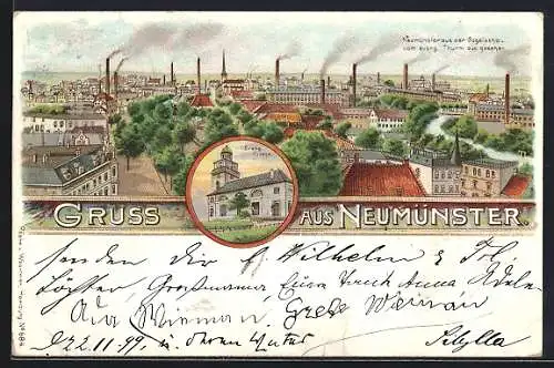 Lithographie Neumünster, Ortschaft vom Evangelischem Turm, Evangelische Kirche um 1900