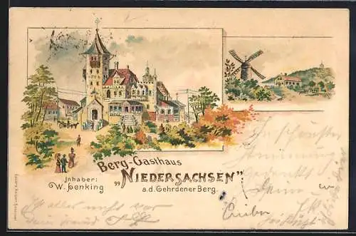 Lithographie Gehrden / Hannover, Berg-Gasthaus Niedersachsen von W. Henking, Windmühle