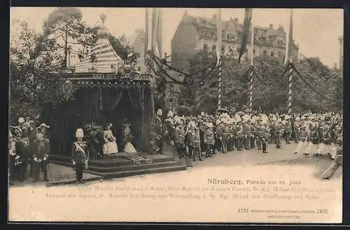 AK Nürnberg, Parade mit dem deutschen Kaiserpaar 1902, Festveranstaltung mit Bühne