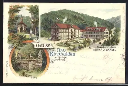 Lithographie Bad Kirnhalden bei Kenzingen, Mineralbad und Hotel von J. Ganss, Kapelle und Quelle