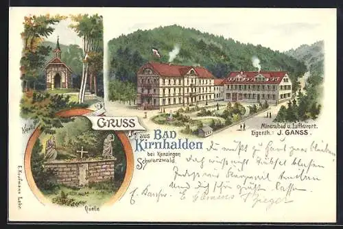 Lithographie Bad Kirnhalden bei Kenzingen, Mineralbad und Hotel von J. Ganss, Kapelle und Quelle