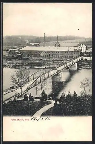 AK Golzern, Teilansicht mit Brücke und Fabrik