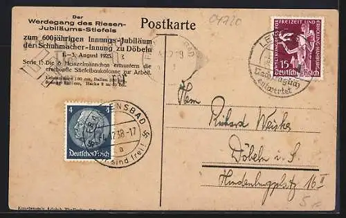 AK Döbeln, 600-jähriges Innungs-Jubiläum der Schuhmacher-Innung 1925, Stiefelbaukolonne mit Heinzelmännchen