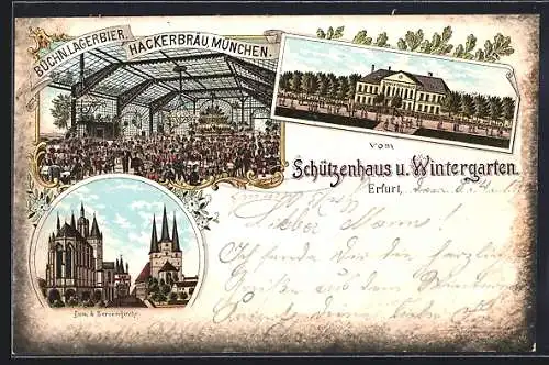 Lithographie Erfurt, Schützenhaus und Wintergarten, Hackerbräu-Büchn. Lagerbier, Innenansicht, Dom & Severikirche