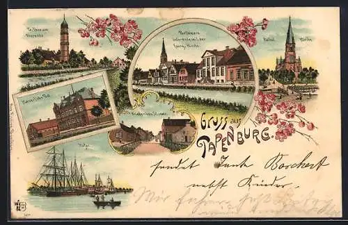 Lithographie Papenburg, Friederikenstrasse, Kaiserliche Post, Hafen, Partie am Oberende