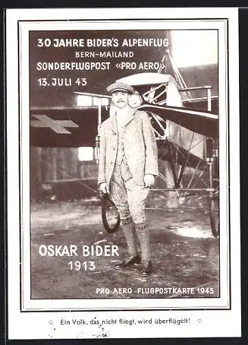 AK 30 Jahre Bider`s Alpenflug Bern-Mailand, Sonderflugpost Pro Aero 13.7.1943