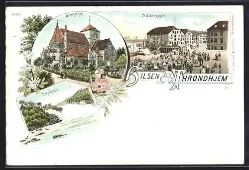 Lithographie Throndhjem, Fiskebryggen, Domkirken, Lerfossen