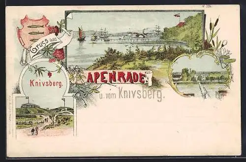 Lithographie Apenrade, Knivsberg mit Gasthaus, Partie am Hafen