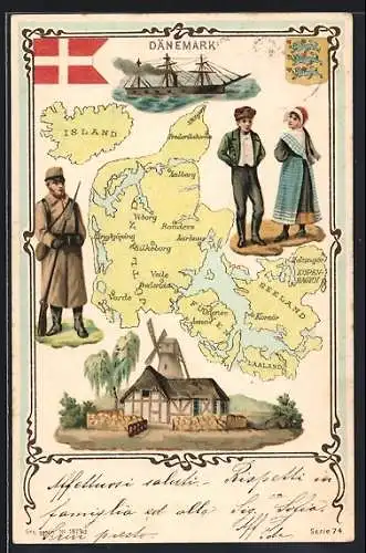 Lithographie Dänemark, geographische Karte, Soldat, Mann und Frau in Trachten, Windmühle, Segelschiff, Wappen, Fahne