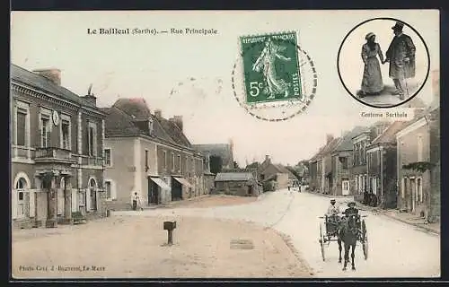 AK Le Bailleul, Rue Principale avec charrette et costumes traditionnels sarthois