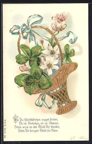 Präge-AK Goldener Korb mit Kleeblättern und Reim Wo du Kleeblättchen magst finden...
