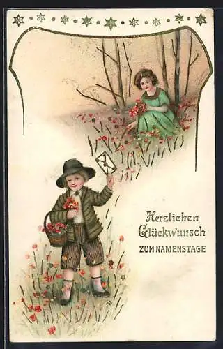 AK Glückwunsch zum Namenstag, Kinder mit Brief und Blumenstrauss