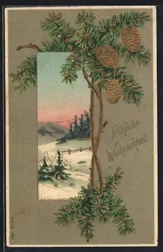 Präge-AK Frohe Weihnachten, Winterlandschaft und Tannenzweige