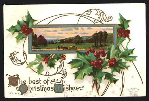 Präge-AK Landschaft im Stechpalmen-Passepartout, The Best of Christmas Wishes