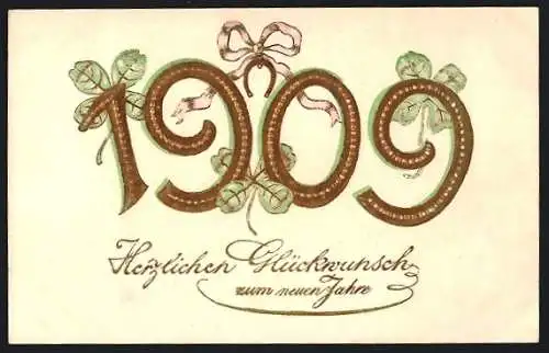 Präge-AK Jahreszahl 1909 mit Kleeblättern und Hufeisen