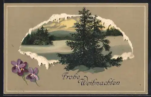 AK Frohe Weihnachten, Winterlandschaft im Passepartout mit Veilchen