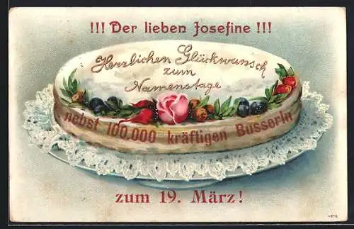 Präge-AK Glückwünsche zum Namenstag, Hoch Josefine, Kuchen mit Blüten