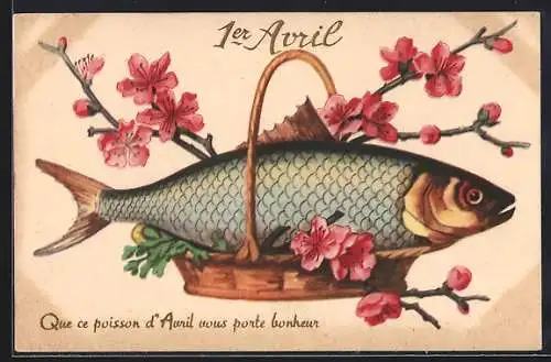 AK 1. April, Fisch in einem Korb mit Kirschblüten