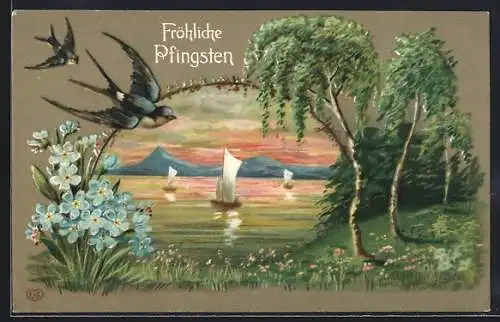 Präge-AK Fröhliche Pfingsten, Schwalben, Frühlingslandschaft mit See und Birken