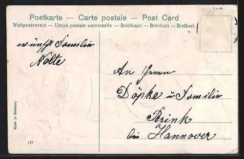 Präge-AK Jahreszahl 1910 mit Rosen und Glücksklee