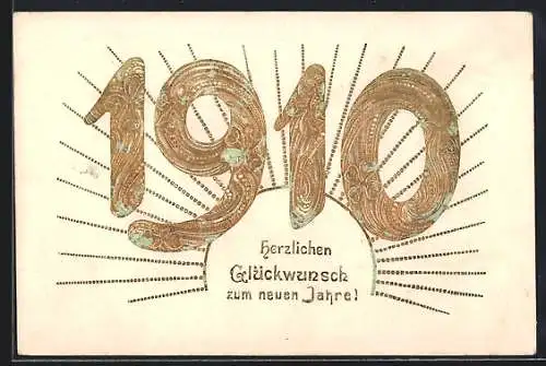 Präge-AK Goldene Jahreszahl 1910 vor aufgehender Sonne, Neujahrsgruss