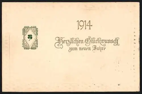 Präge-AK Jahreszahl 1914, Kleeblatt im Blätterrahmen, Neujahrsgruss