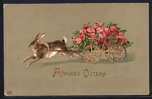 AK Osterhase zieht einen Karren mit Rosenblüten