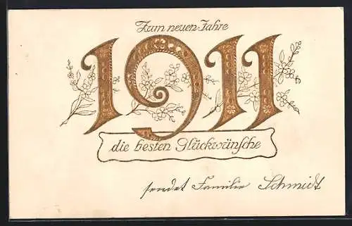 Präge-AK Neujahrsgruss 1911 mit goldener Jahreszahl und Blüten