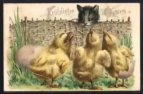 Präge-AK Katze beobachtet Osterküken auf der Wiese, Fröhliche Ostern