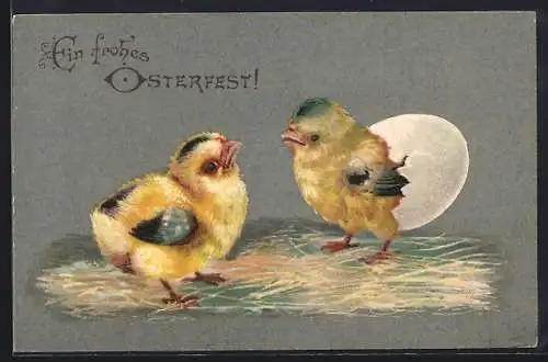 Präge-AK Osterküken schlüpft aus dem Ei, Ein frohes Osterfest