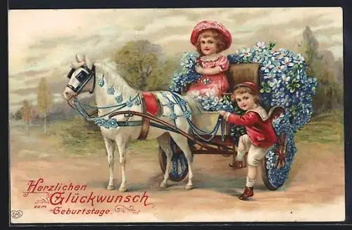 Präge-AK Kinder mit blumengeschmückter Kutsche, Geburtstagsgruss