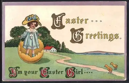 Präge-AK Mädchen schlüpft aus bunter Eierschale, Easter Greetings