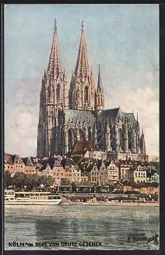 AK Köln, Der Kölner Dom von Deutz gesehen, Dampfer