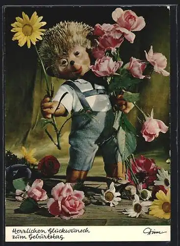 AK Igel Mecki's Sohn mit Geburtstagsblumen