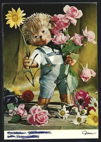 AK Igel Mecki's Sohn mit Geburtstagsblumen