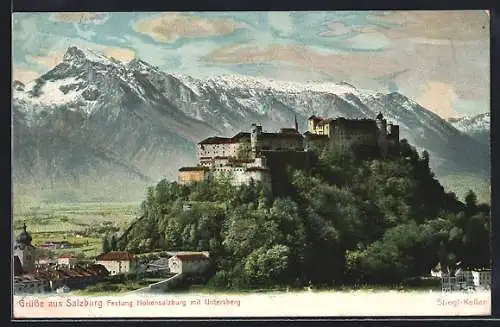 AK Salzburg, Festung Hohensalzburg mit Untersberg