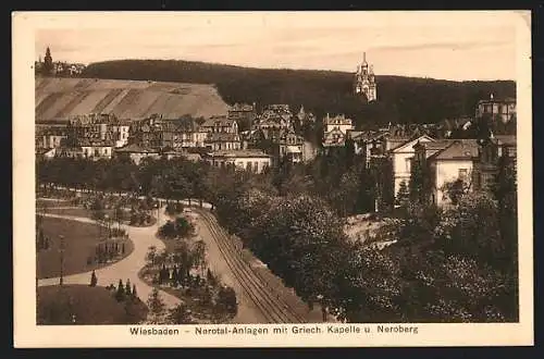 AK Wiesbaden, Nerotalanlagen mit Griech. Kapelle und Neroberg