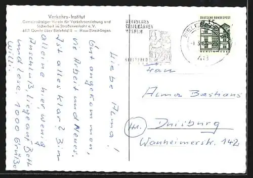 AK Bielefeld-Quelle, Haus Einschlingen mit Autos und Fussgängern