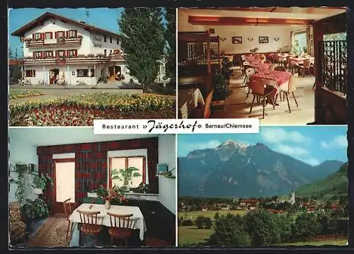 AK Bernau /Chiemsee, Restaurant Jägerhof, Bes. J. A. Langer, Ortsansicht mit den Bergen