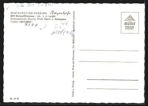 AK Bernau /Chiemsee, Restaurant Jägerhof, Bes. J. A. Langer, Ortsansicht mit den Bergen