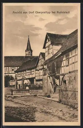 AK Oberpreilipp bei Rudolstadt, Gebäudeansicht mit Kirche