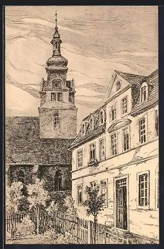 Künstler-AK Rudolstadt, Heisenhof und Stadtkirche