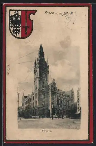 AK Essen a. d. Ruhr., Rathaus mit Strassenpartie, Wappen