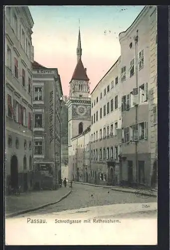 AK Passau, Schrottgasse mit Rathausturm