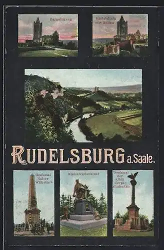 AK Rudelsburg a. Saale, Rudelsburg von Süden, Burgeingang, Bismarckdenkmal